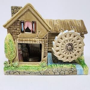 Gristmill Waterwheel Glazed Ceramic Musicbox Tabletop Works Great Wheel Turns